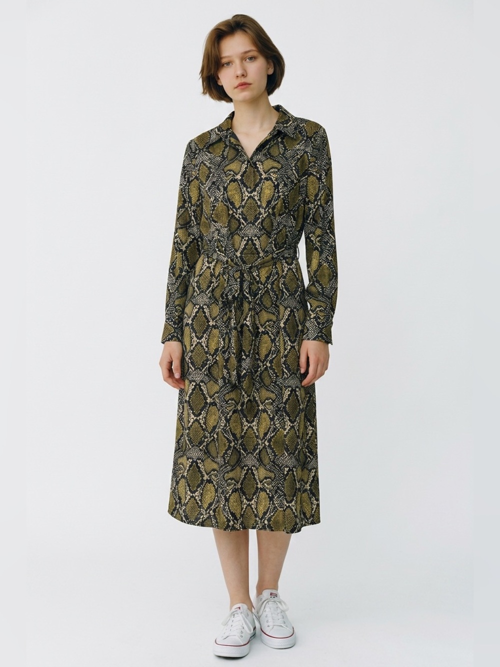 Kobi Halperin Olive and Black Snake-Print Midi Shirt Dress with Tie Waist